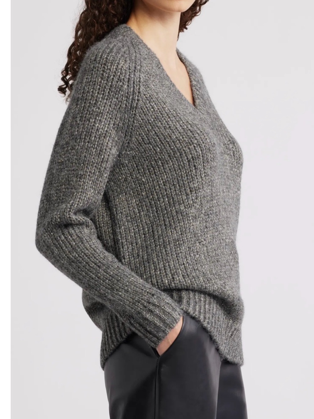 NWT Nordstrom Women’s Sparkle V-Neck Chunky Knit Sweater Gray Large L NEW